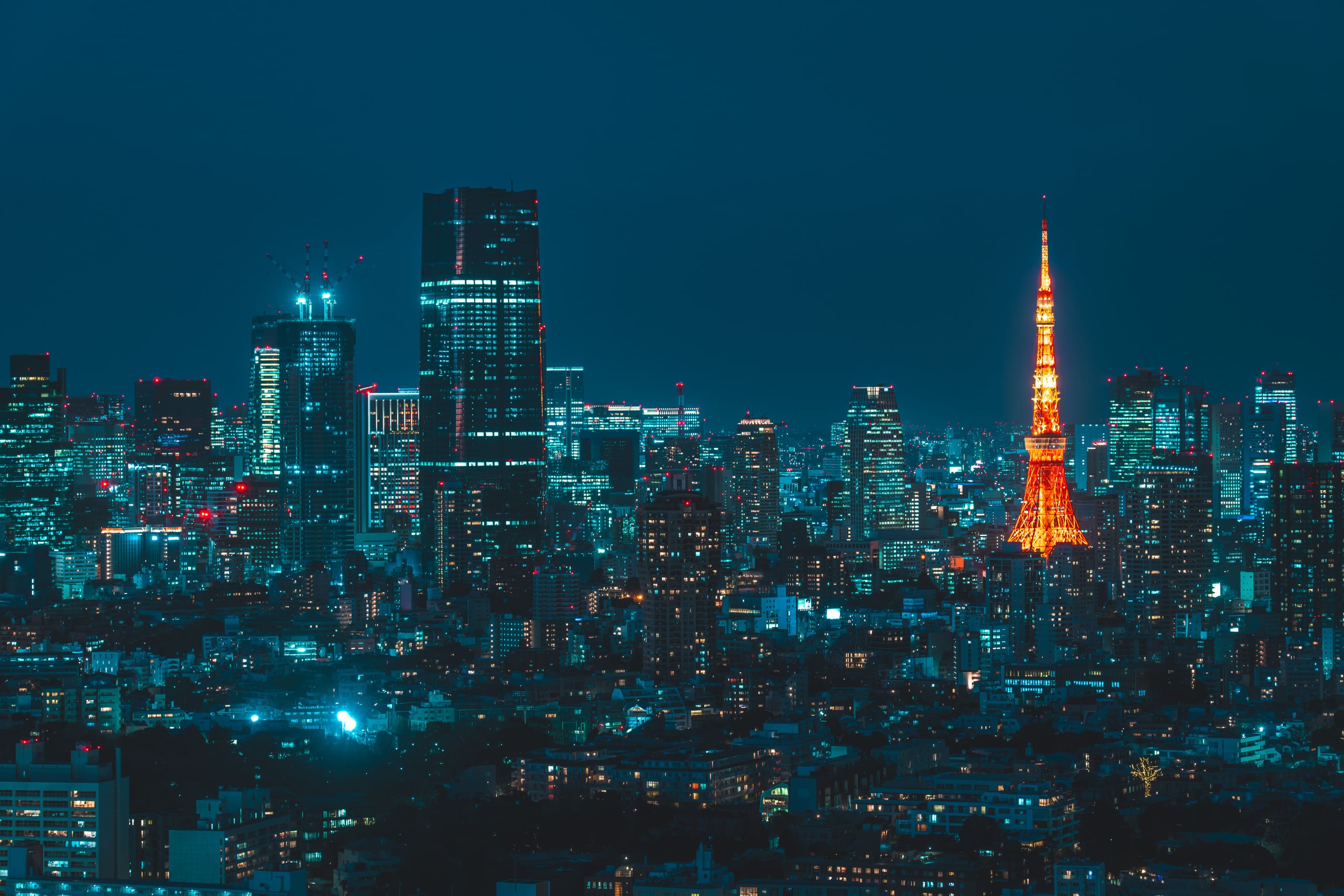 Tokyo Tower above the lit skyline of Tokyo at night