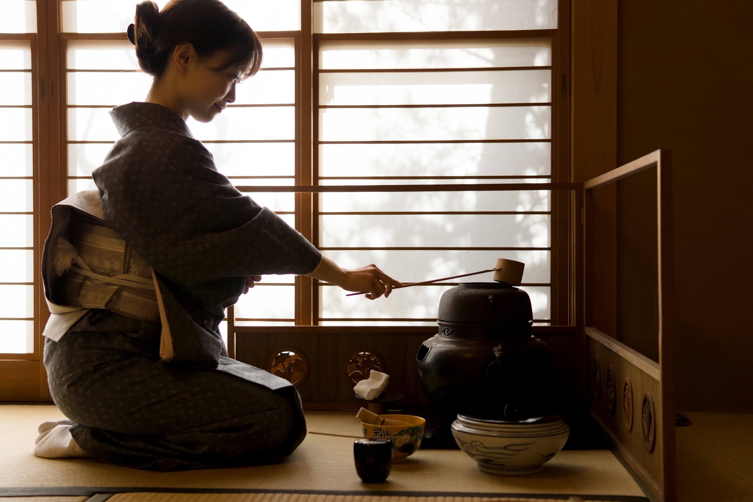 A woman in a dark kimono kneeling on tatami beside a tea kettle, lit through shoji screens
