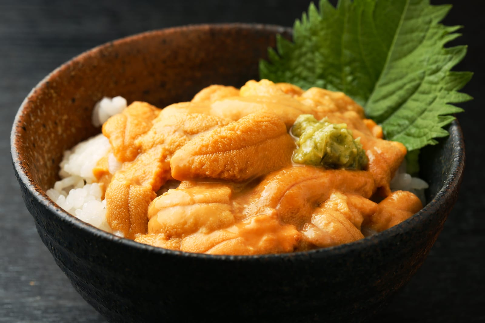 A dark rustic ceramic bowl of white rice heaped with orange sea urchin, a green shiso leaf and a small mound of grated wasabi at one side
