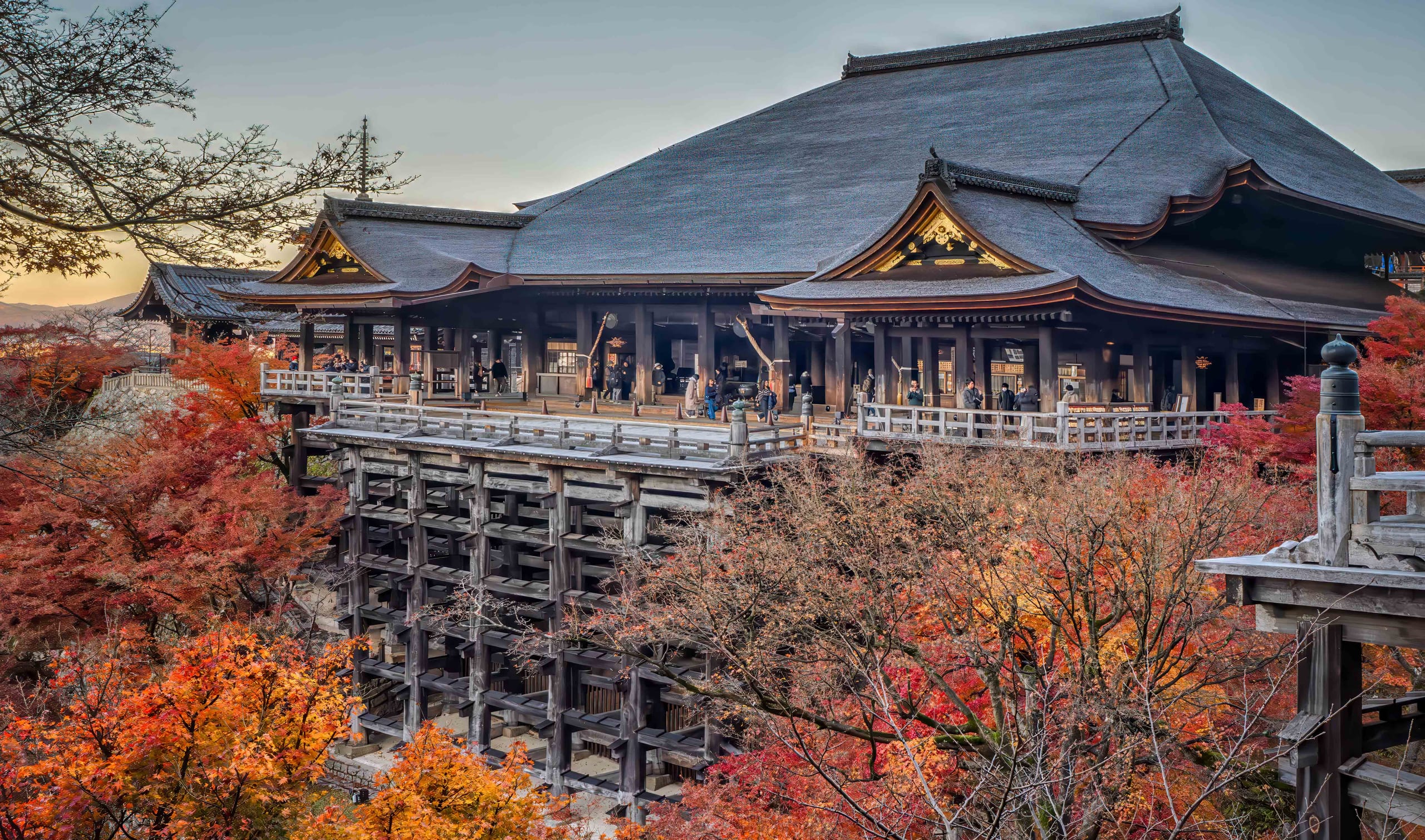 The wooden stage of Kiyomizu-dera in Kyoto, built out over the hillside on tall pillars