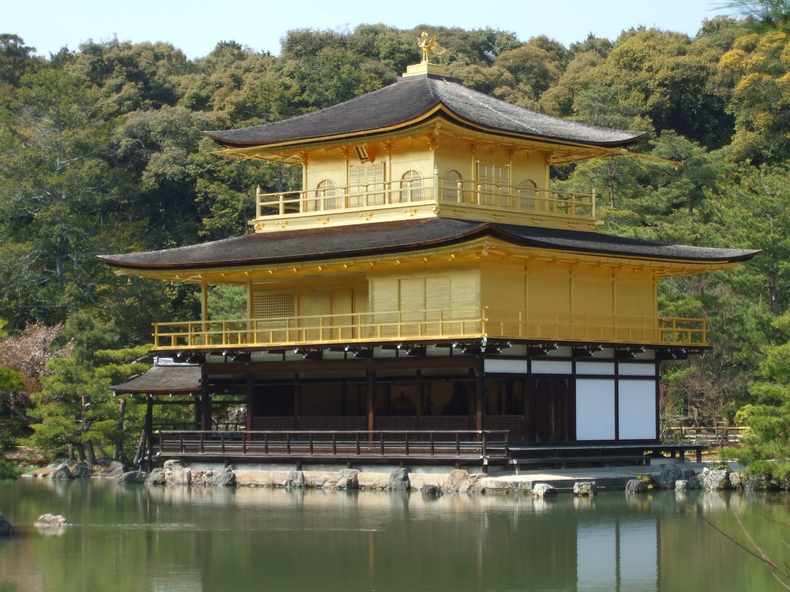 The gold-leafed upper storeys of Kinkaku-ji, the Golden Pavilion, standing over its pond with a bronze phoenix on the roof and a wooded hill behind