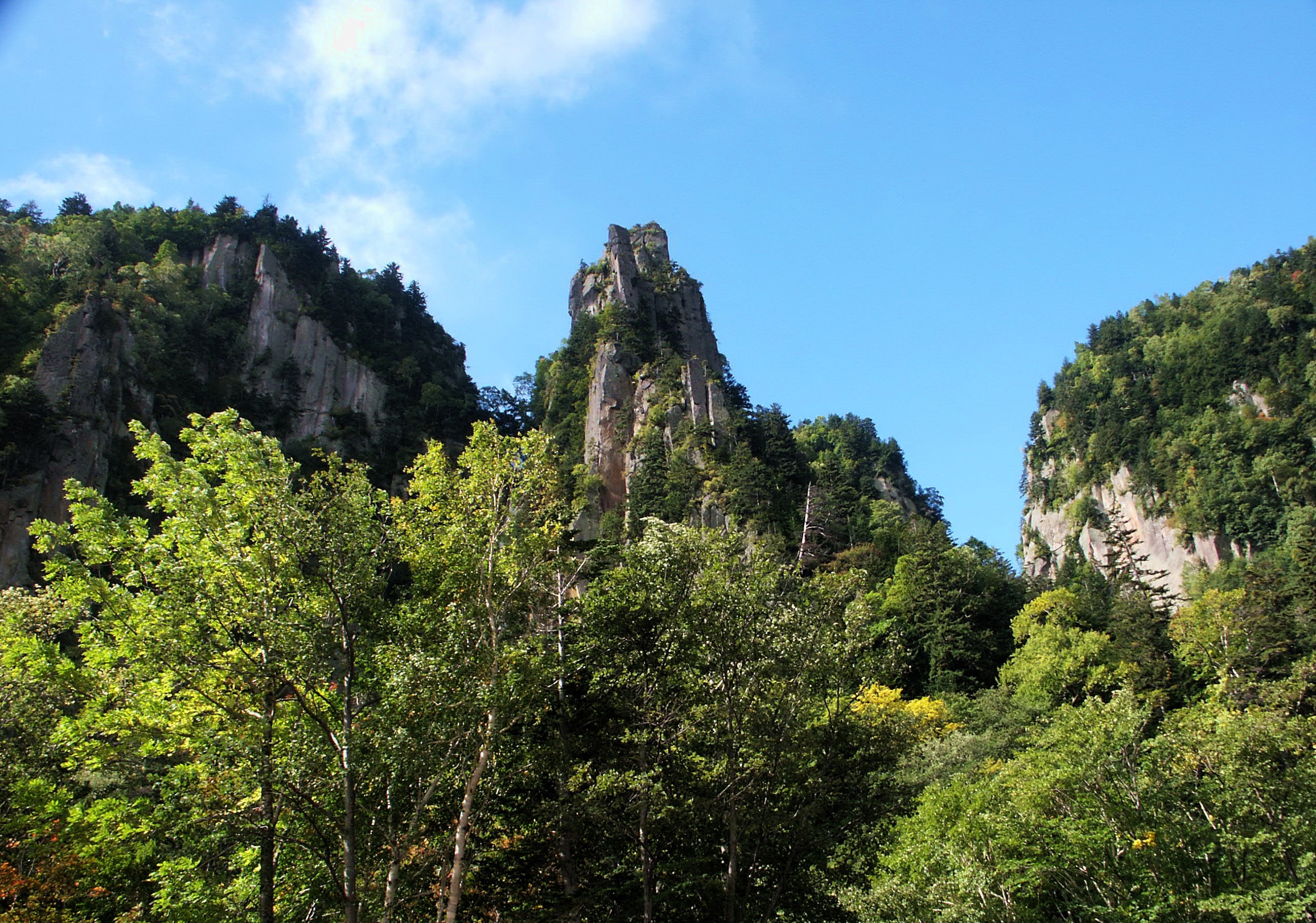 Rock walls and a spire of columnar cliff rising above birch and conifer forest in the Sounkyo gorge