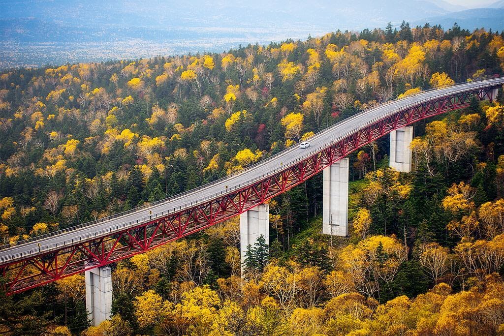 The red Matsumi Ōhashi bridge curving through a golden autumn forest at Mikuni Pass in Hokkaidō, seen from above