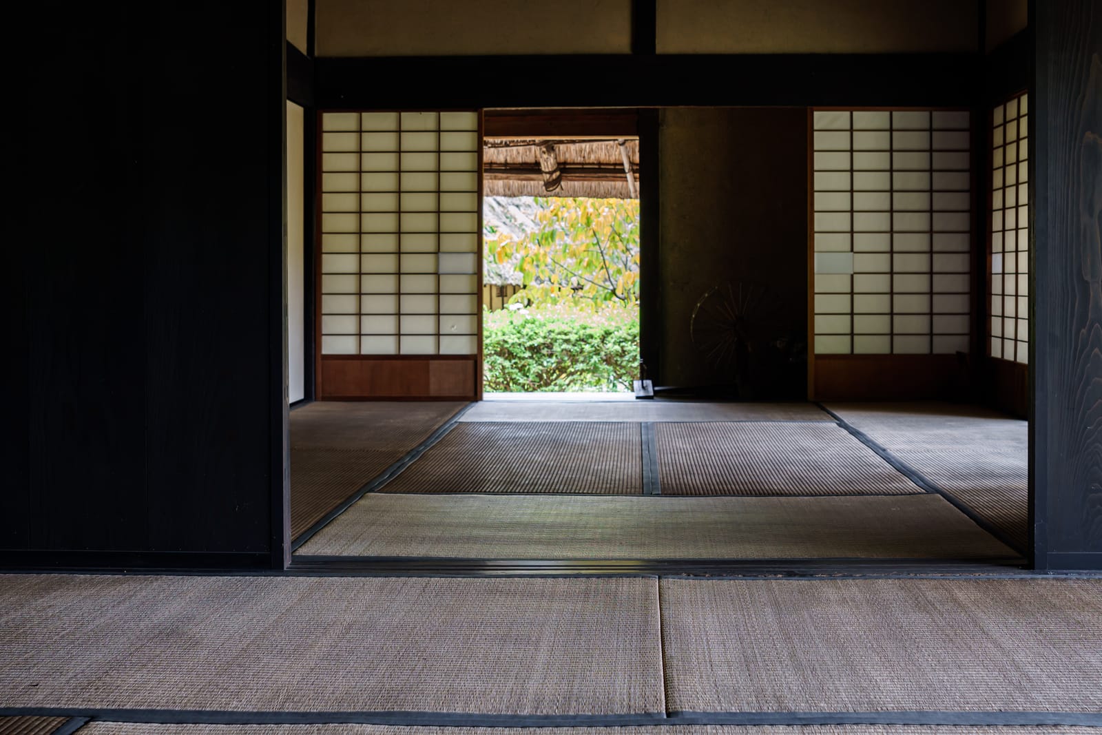 Tatami rooms opening one into the next through open shoji in an old wooden house of dark timber, a garden glimpsed through the far opening
