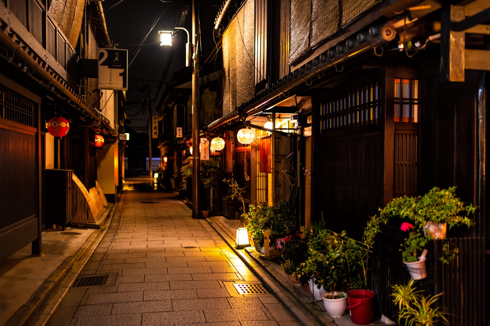 A narrow stone-paved lane at night between dark wooden townhouses with lattice fronts, lanterns and lamps lit at the doors, potted plants along the walls, no one in sight