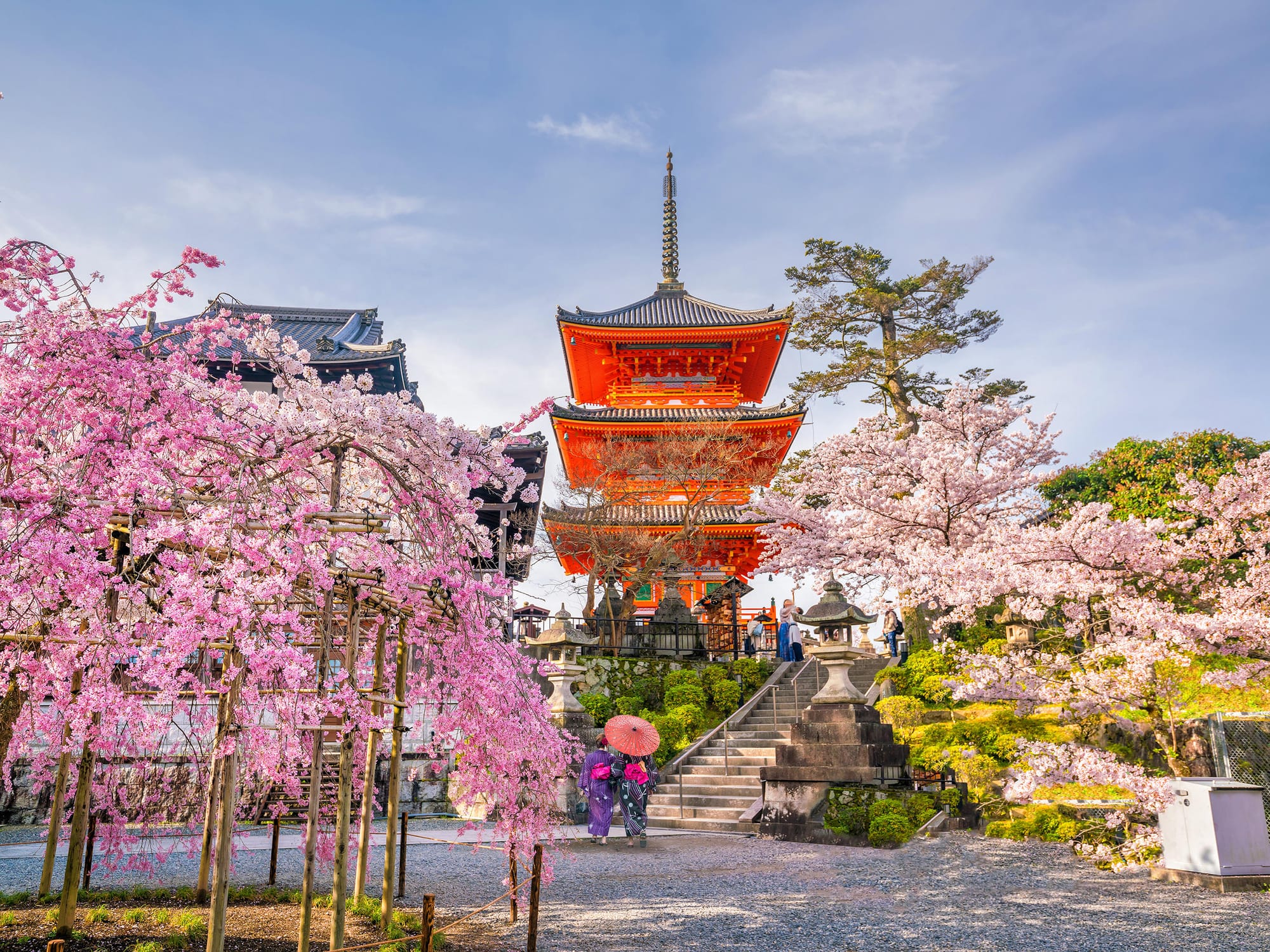 Kiyomizu-dera's three storied pagoda framed by cherry blossom on the slope of Higashiyama, two figures in kimono with a red parasol on the path below