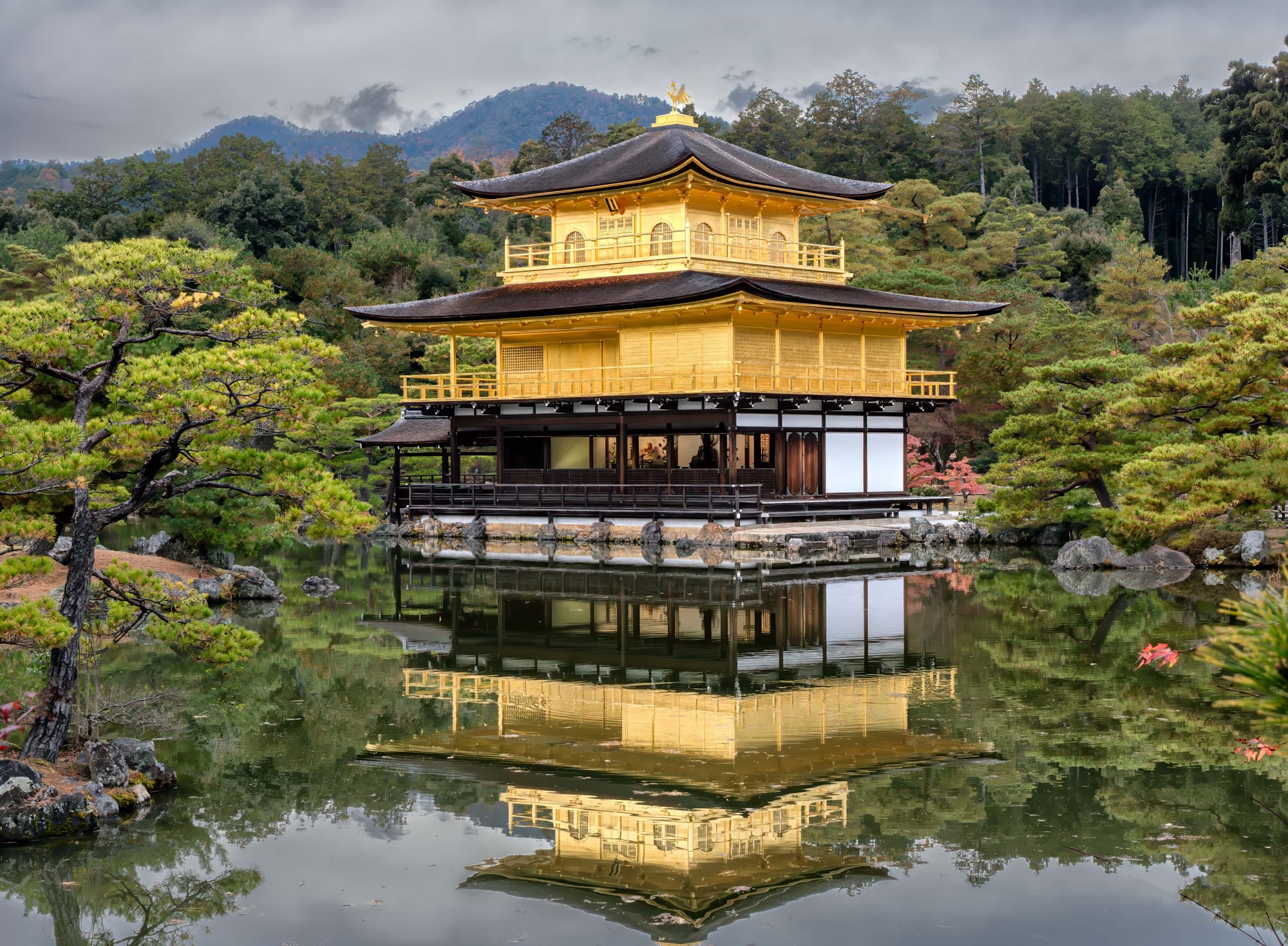 The gold-leafed Kinkaku-ji pavilion reflected in its still pond, pines on the near shore and wooded hills under a grey sky