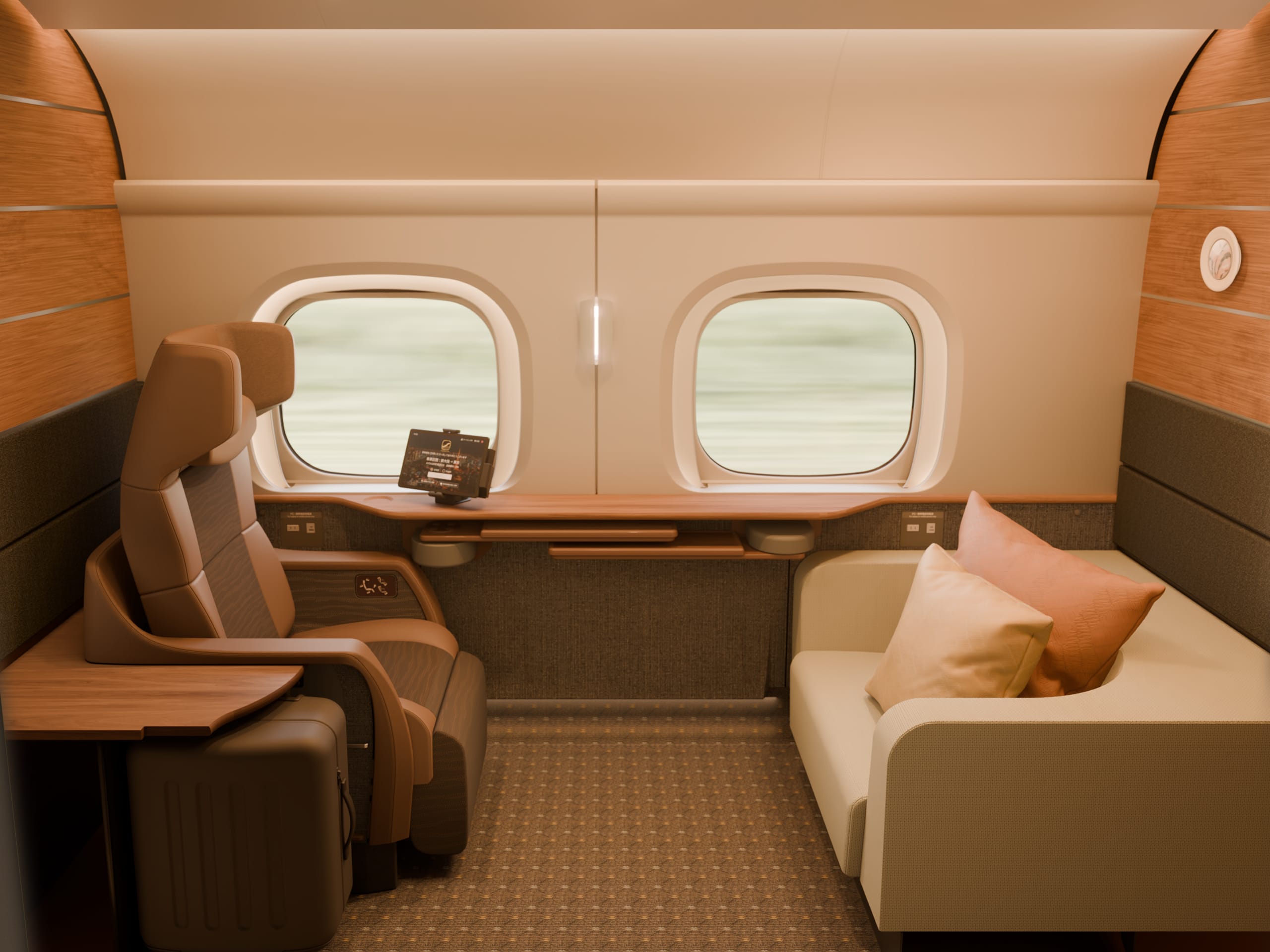The Supreme Class cabin for two in car 7 of the N700S shinkansen: a deep reclining seat in tan leather faces a cream sofa with cushions across the cabin, two rounded windows between them