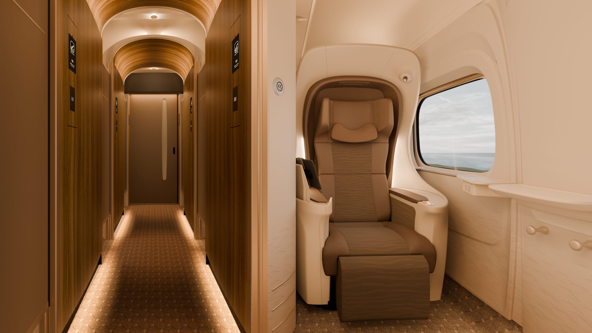 A Supreme Class Seat behind its own door beside a window, a lit, wood-panelled aisle with an arched ceiling running alongside