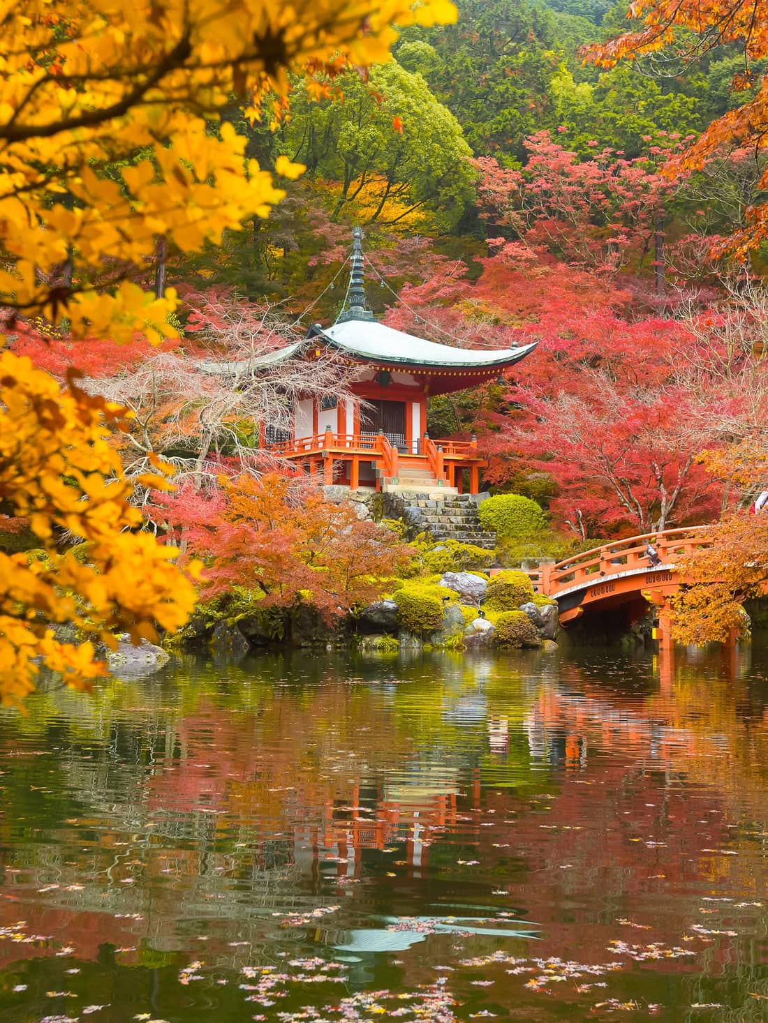A vermillion hall and arched bridge reflected in a still pond among autumn maples at Daigo-ji, Kyoto