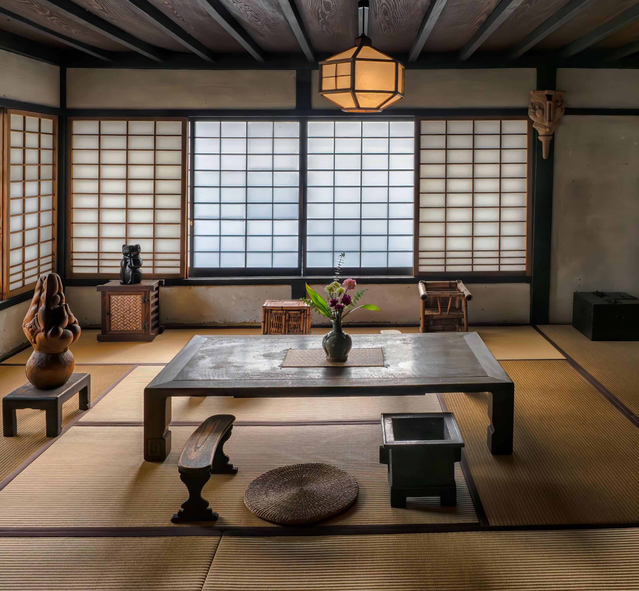 A tatami room with a low dark table, carved wooden figures and a vase of flowers, lit through tall shoji