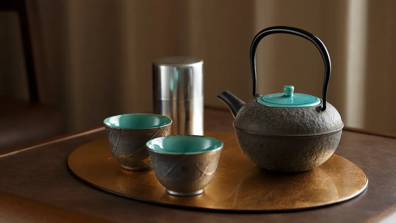 An iron kettle and two tea cups on a round lacquered tray in a guest room