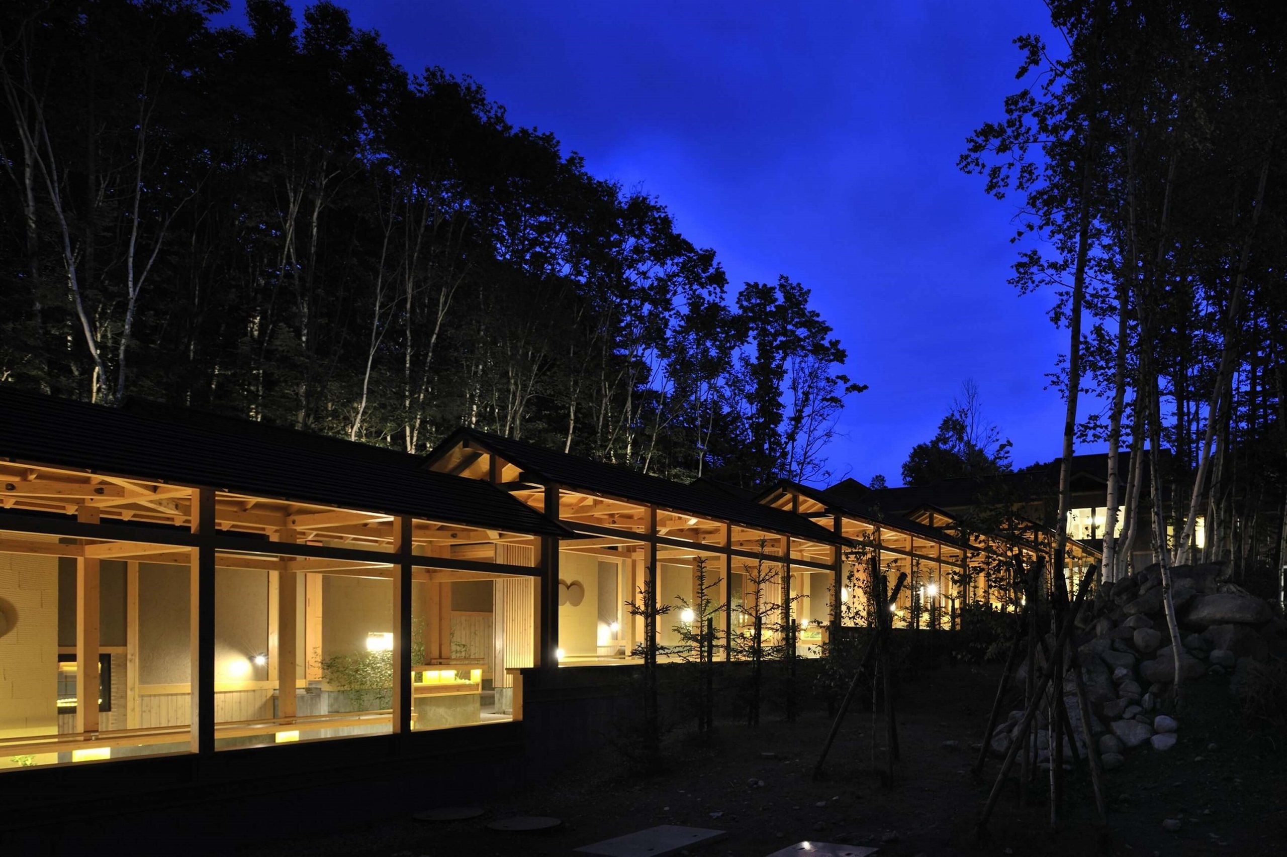 The low wooden wings of Mori no Ryotei Biei lit from within at blue hour among tall birch and spruce