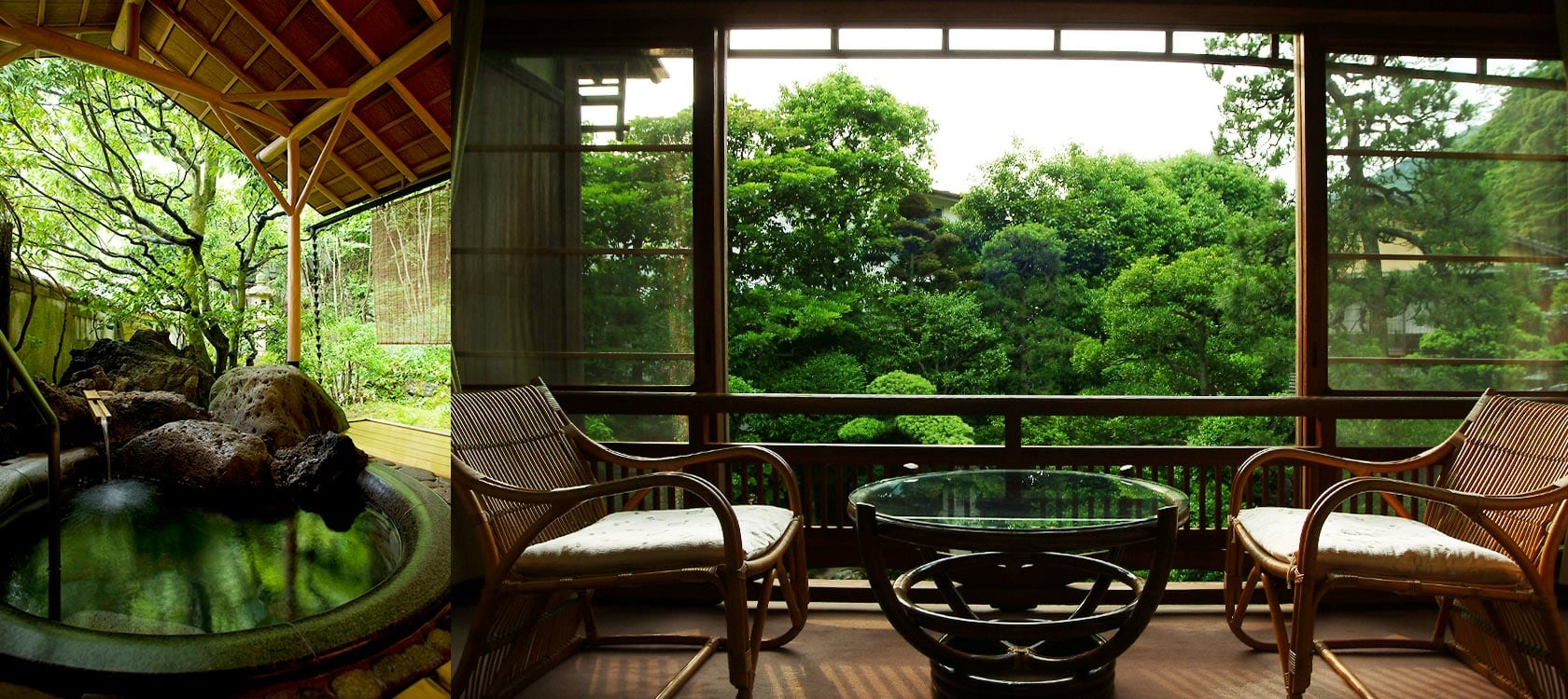 Two cane chairs and a glass table on a veranda before the green of the garden, a stone bath at the edge