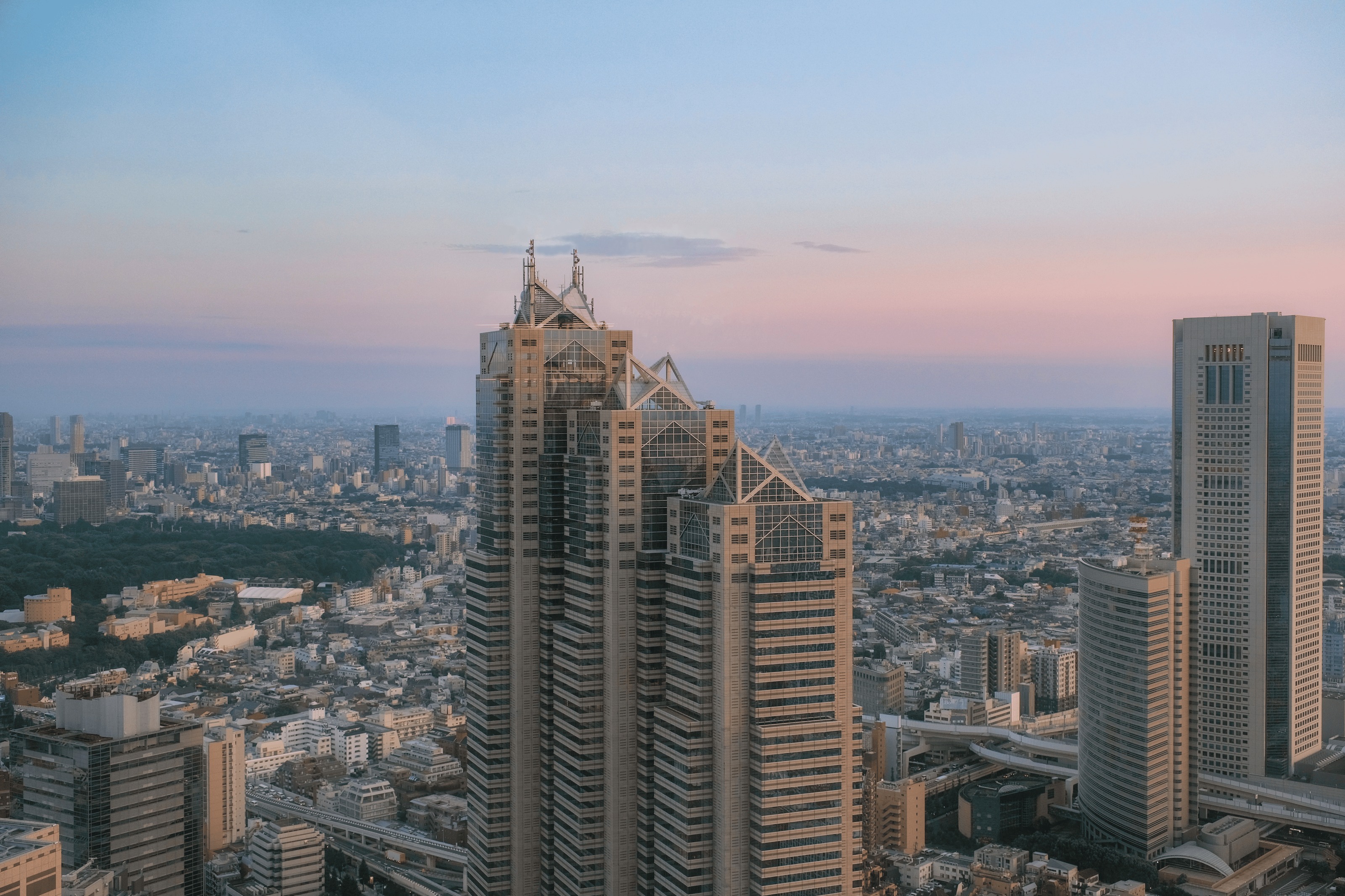 The tower of Park Hyatt Tokyo among the lit towers of Shinjuku at dusk