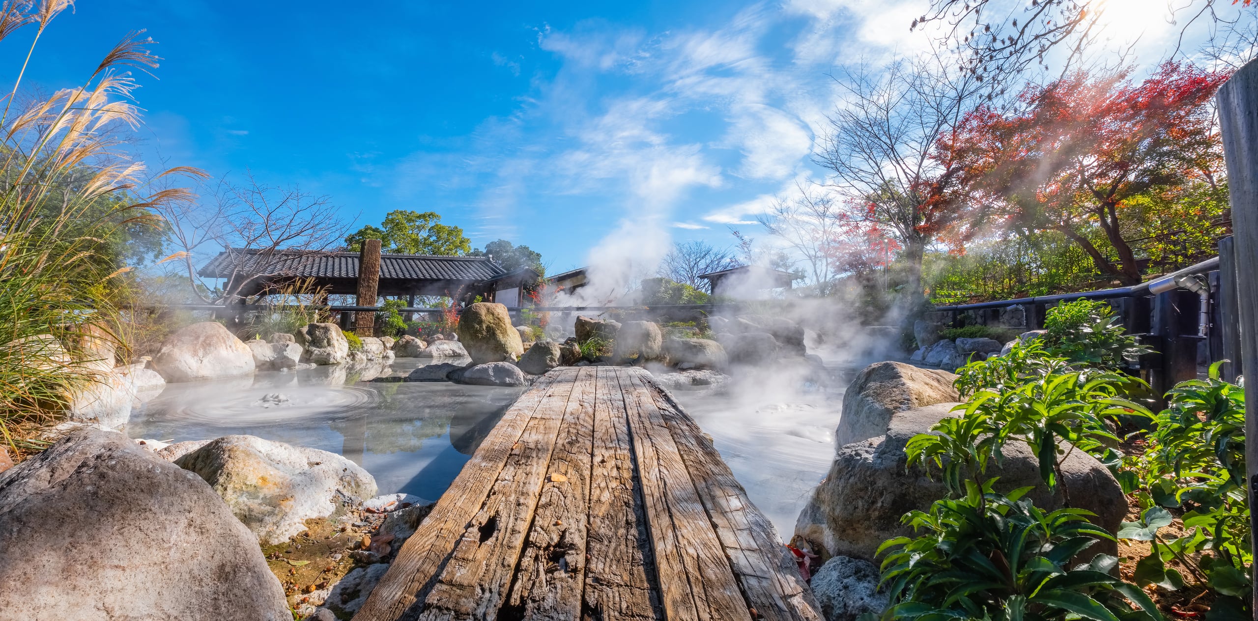 A grey mud spring steaming beside a wooden walkway among rocks and gardens