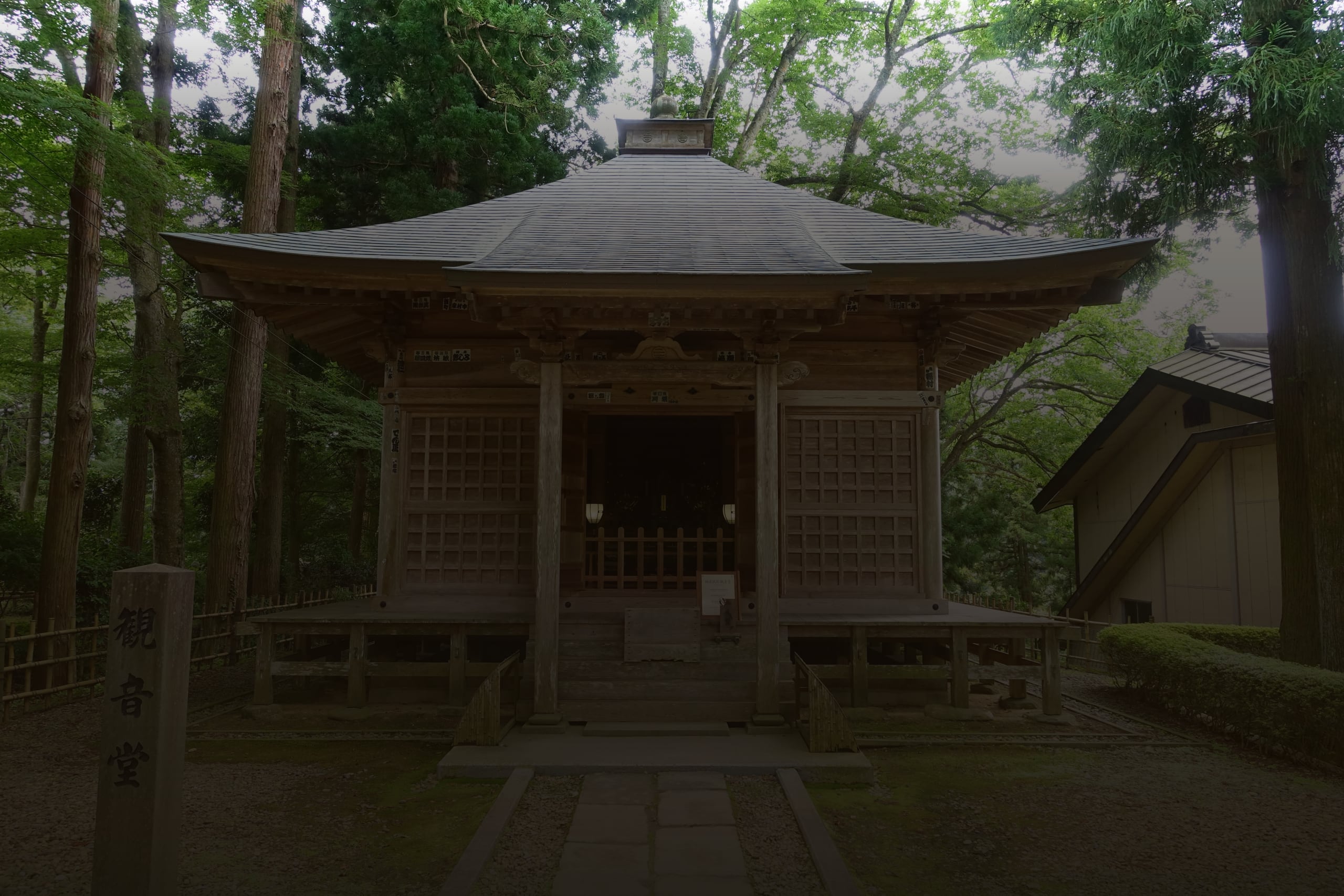 The wooden Kannondo hall of Ganjoju-in among tall cedars at Chuson-ji