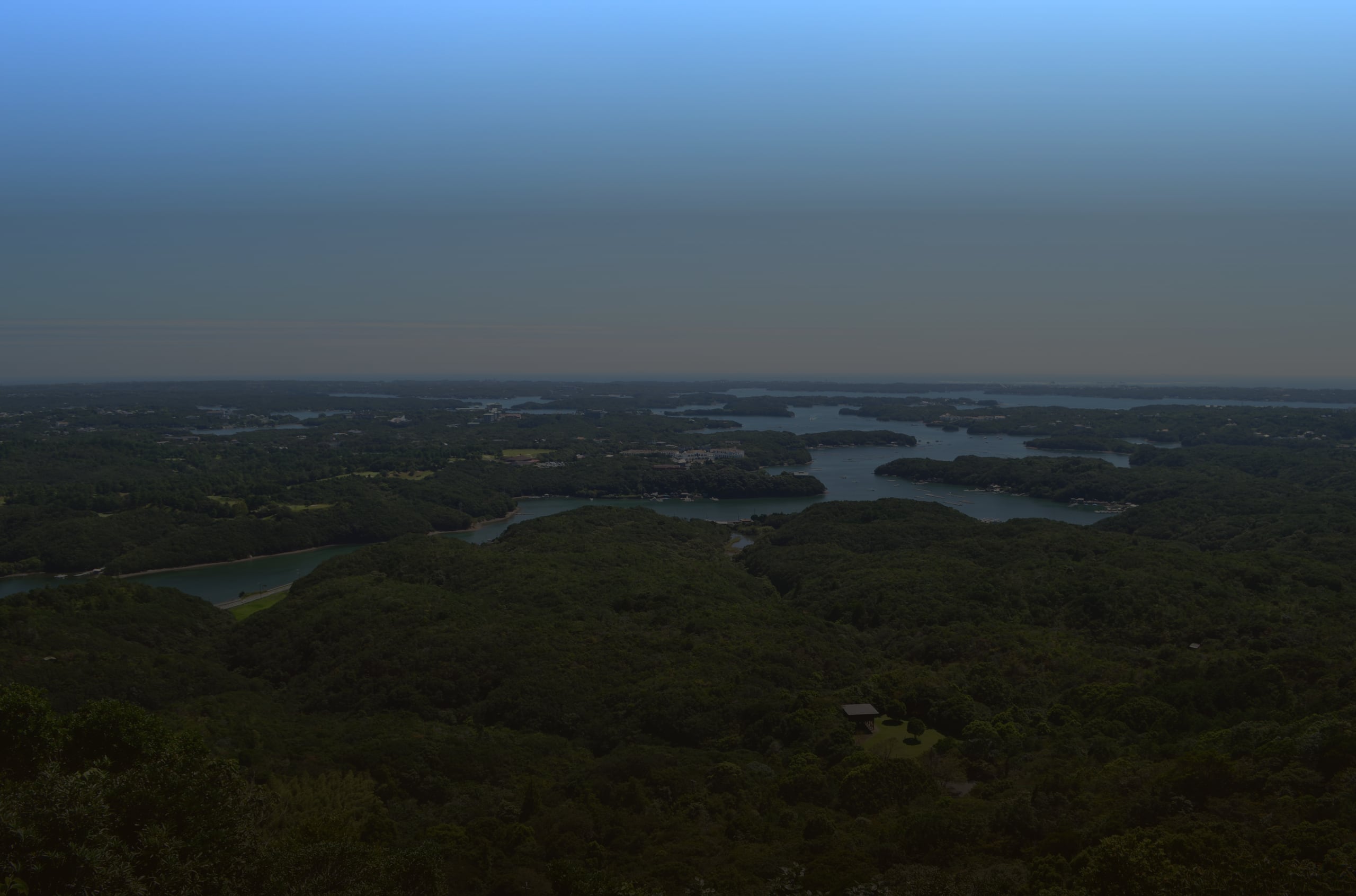 Ago Bay seen from a forested height, its inlets and small green islands reaching to the sea