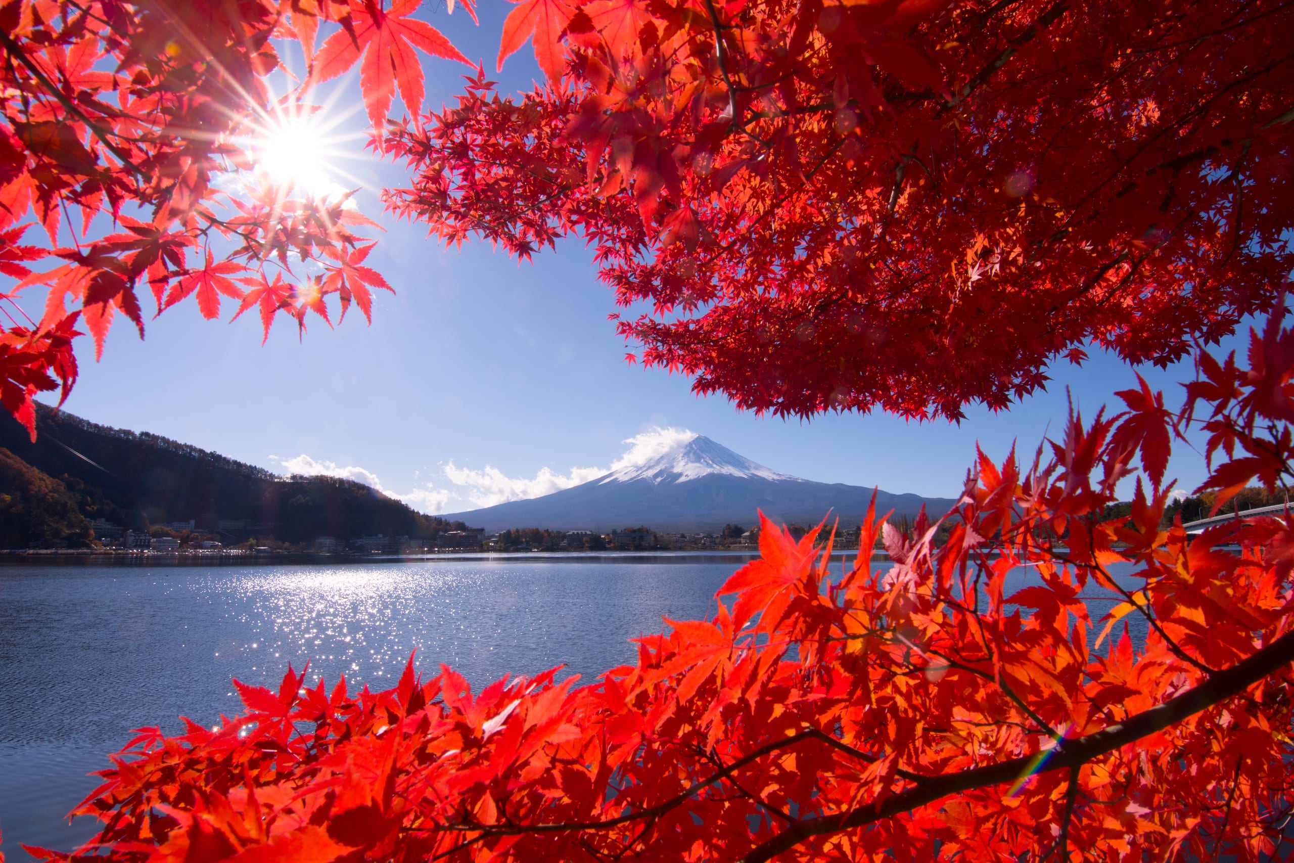Snow-capped Mount Fuji across Lake Kawaguchi, the lakeside town along the shore