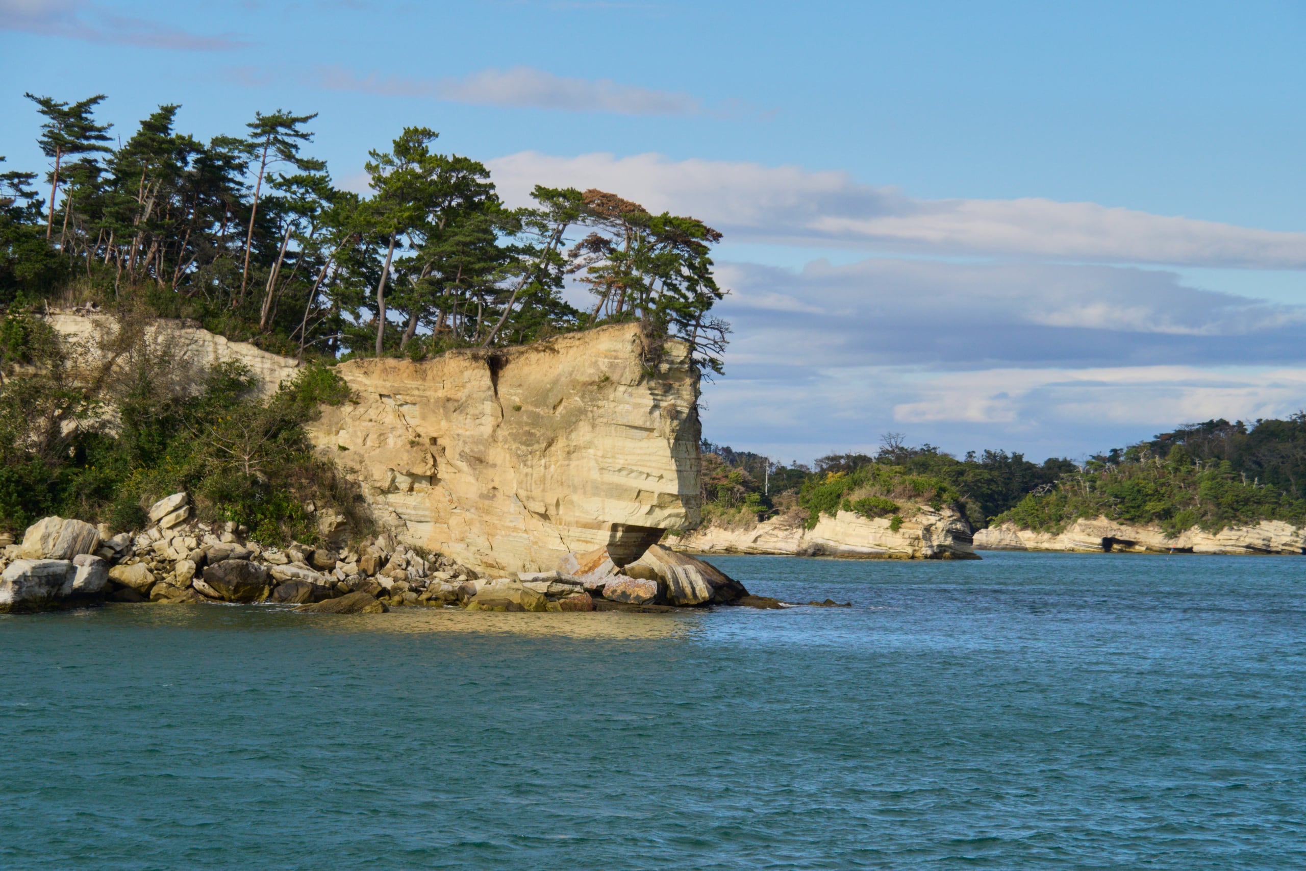 A limestone islet worn into a cliff, pines along its crown, in Matsushima Bay