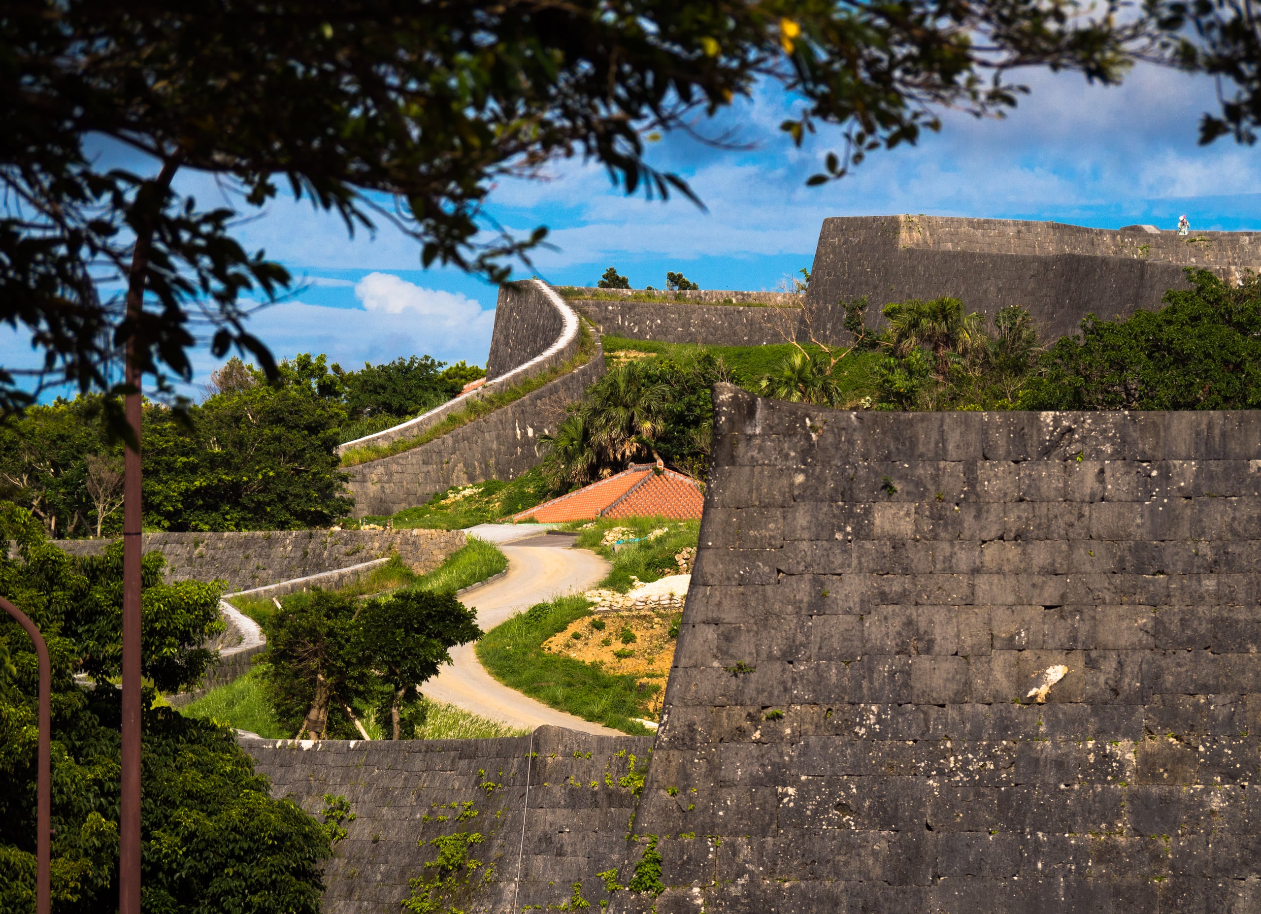 The curving grey limestone ramparts of Shuri Castle winding along a green hillside beneath trees