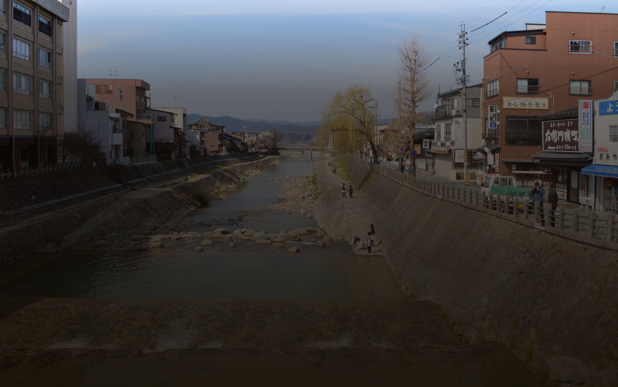 The Miya River running shallow over stones through Takayama, a willow and the town along its banks