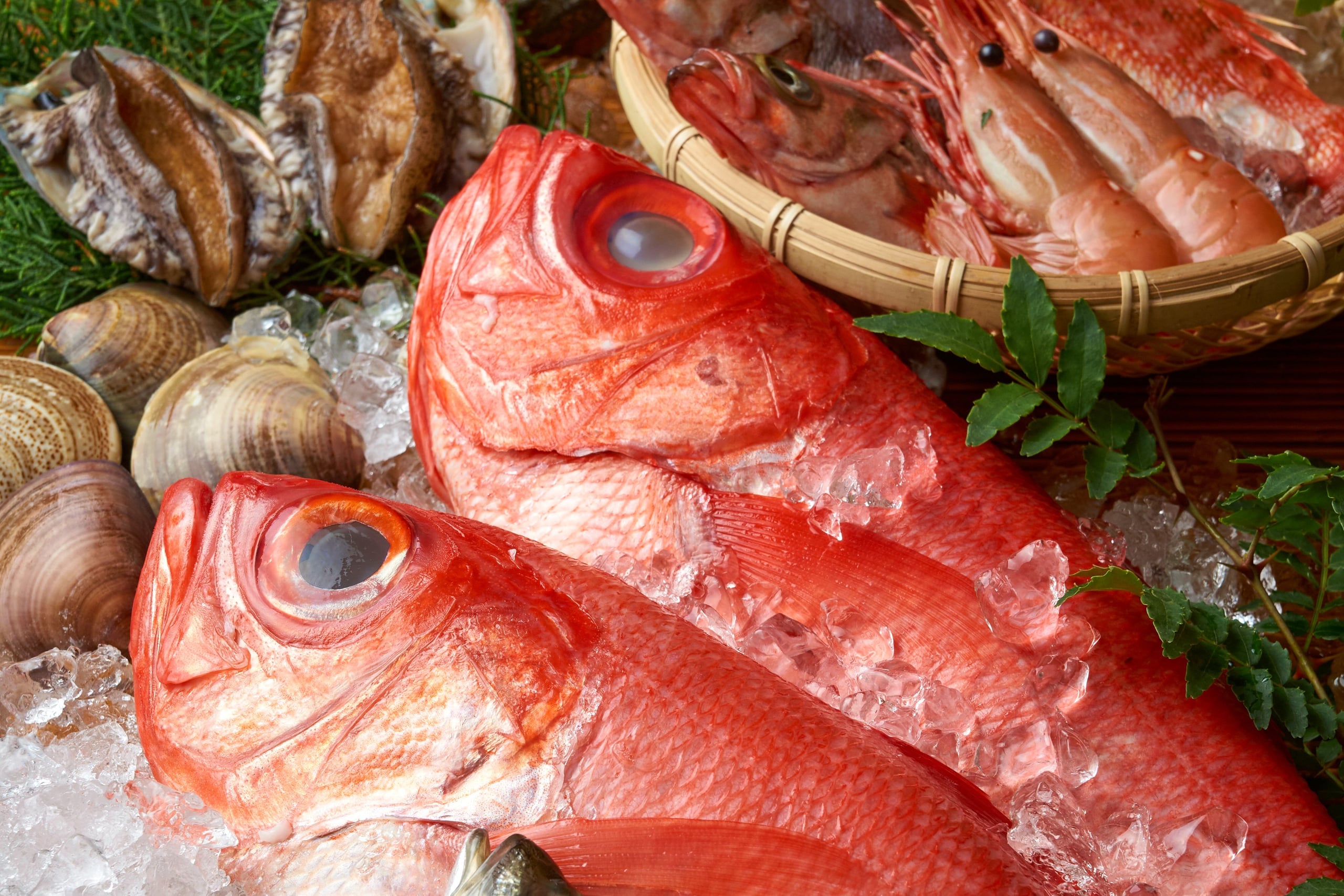 Whole red kinmedai and other fresh fish laid out on ice at a market