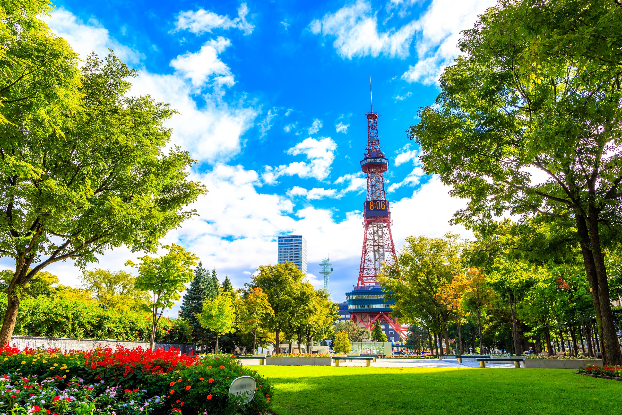 The Sapporo TV Tower rising above the lawns and flower beds of Odori Park