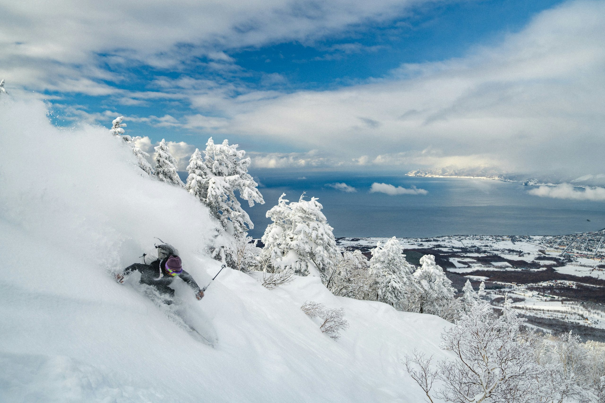 A skier turning through deep fresh snow among frosted trees, with the sea and a snow-covered plain far below