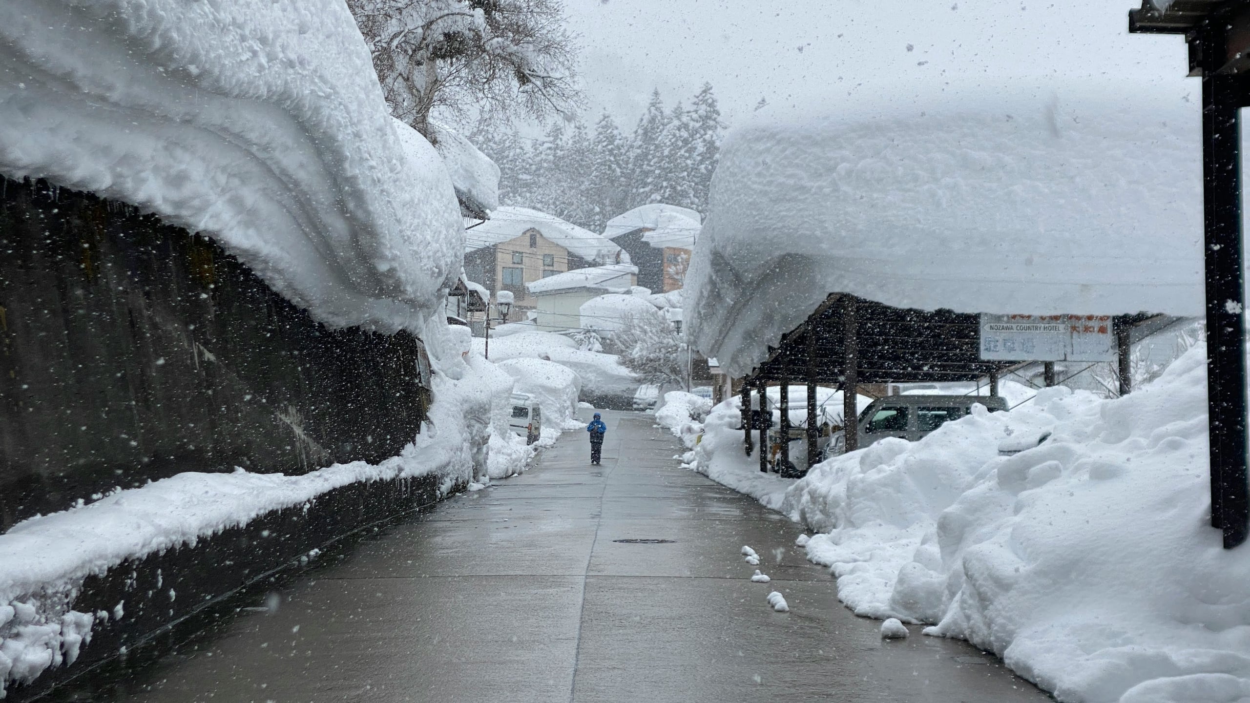 A lane in Nozawa Onsen in falling snow, roofs carrying snow a metre deep and cedars behind the village