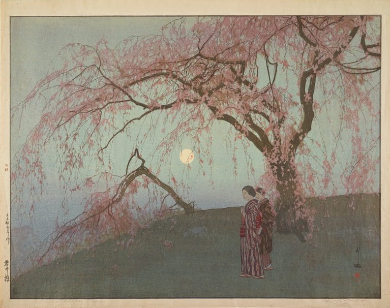 A great weeping cherry in full flower on a hillside under a rising moon: a woodblock print by Yoshida Hiroshi