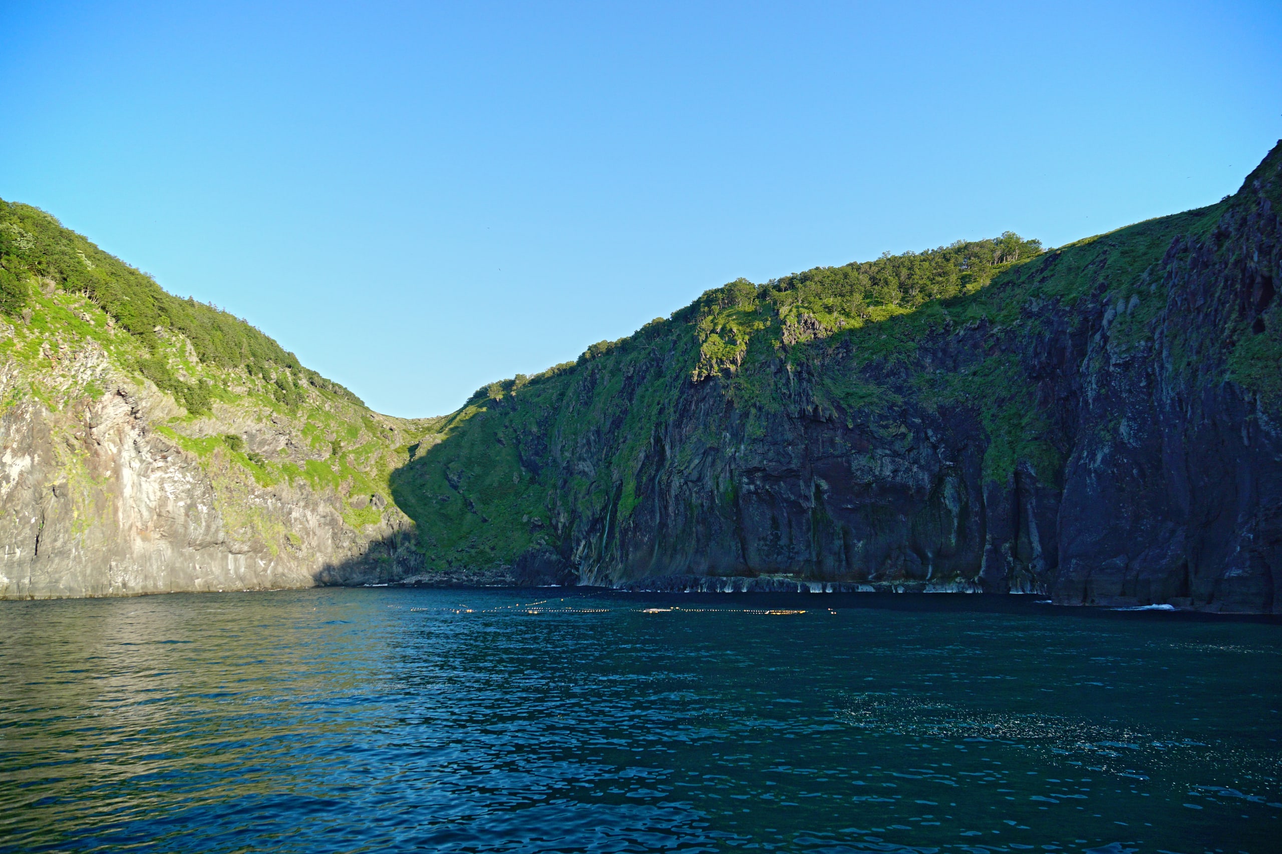 Green basalt cliffs dropping into the Okhotsk Sea on the Shiretoko coast, seen from the water